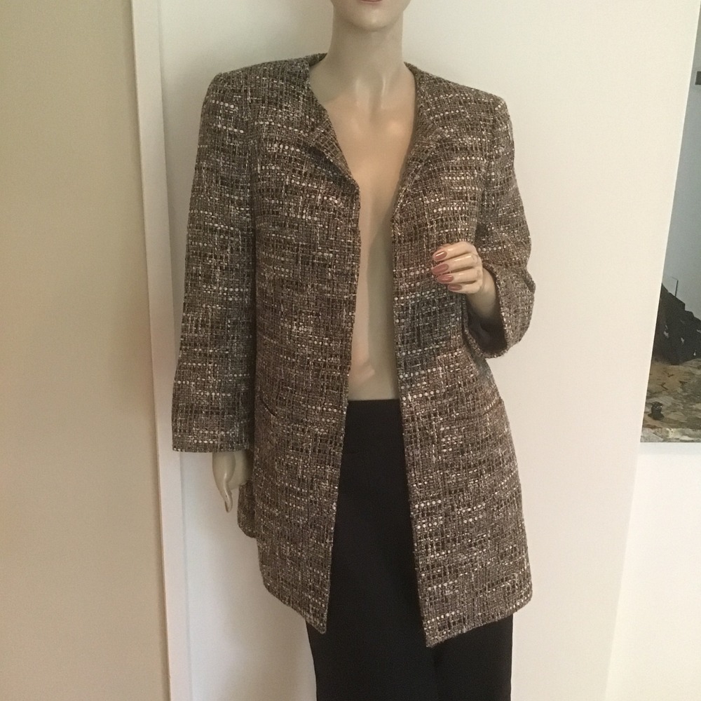 Zanella Italy Womens Brown Tweed Boucle Textured Open Front Longline Blazer 8